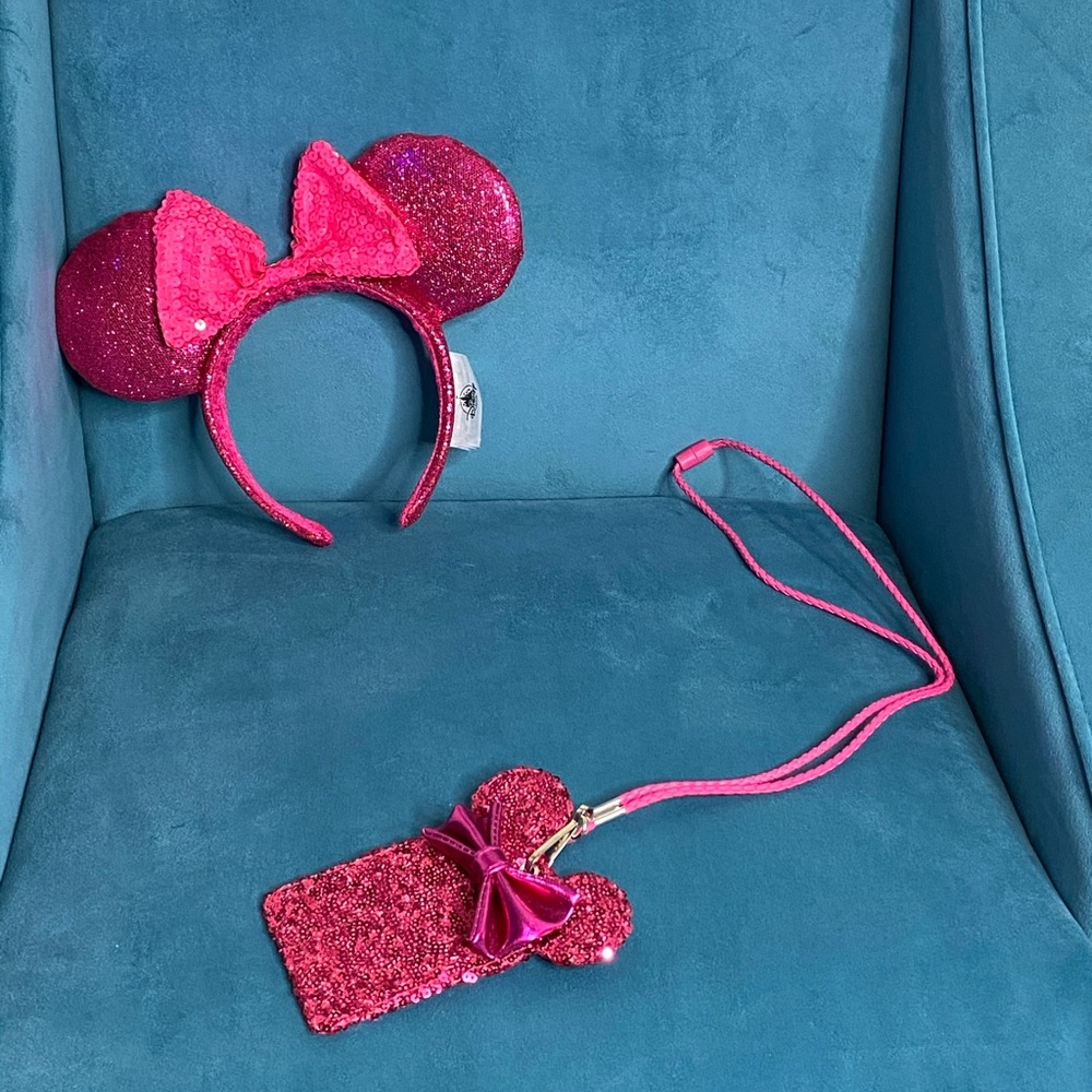 Pink Sequin Minnie Mouse Ears + Matching Lanyard